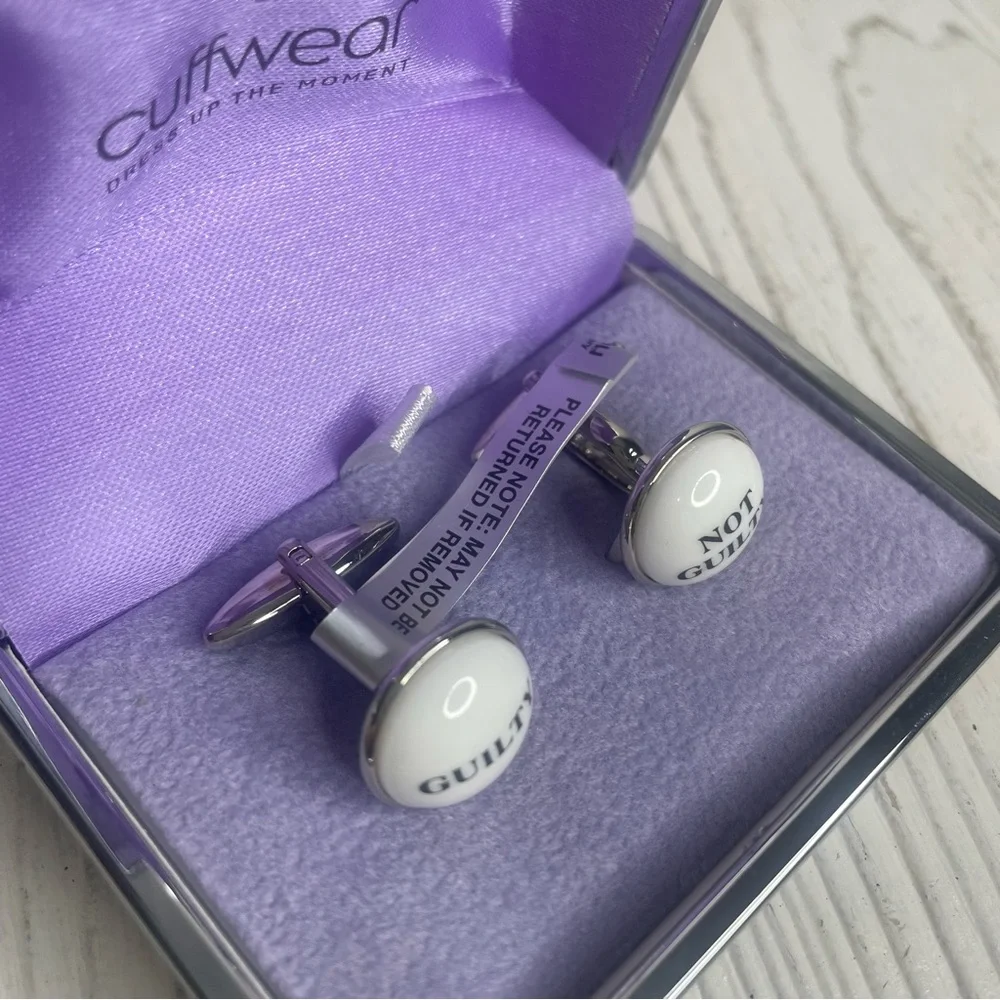 Cuffwear Guilty Not Guilty Cuff Links Rhodium Plated NIB Swivel Back Gift Box